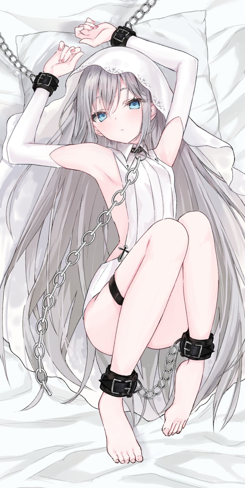1girl absurdres armpits backless_shirt barefoot blue_eyes bound bound_ankles bound_wrists breasts chain chain_leash chained collared_shirt cuffs detached_sleeves feet grey_hair head_tilt highres knees_up leash legs_together long_hair looking_at_viewer lying on_back original parted_lips pillow rei_wakasagi shackles shirt small_breasts solo thigh_strap toes veil very_long_hair white_veil