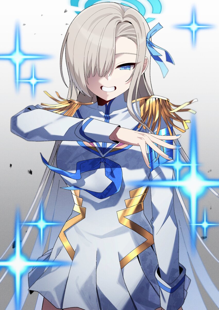1girl absurdres asuna_(blue_archive) blonde_hair blue_archive blue_eyes breasts cosplay cowboy_shot epaulettes gradient_background grin highres hwaen junketsu kill_la_kill kiryuuin_satsuki kiryuuin_satsuki_(cosplay) long_hair looking_at_viewer smile solo