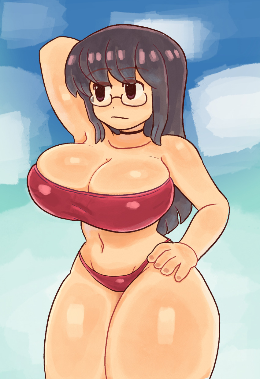 1girl arm_behind_head black_choker black_hair bra breasts choker cleavage closed_mouth cloud collarbone dozo_gon expressionless glasses hand_on_own_hip highres large_breasts long_hair minakami_mai navel nichijou outdoors pink_bra purple_eyes skindentation sky solo sports_bra thick_thighs thighs underwear