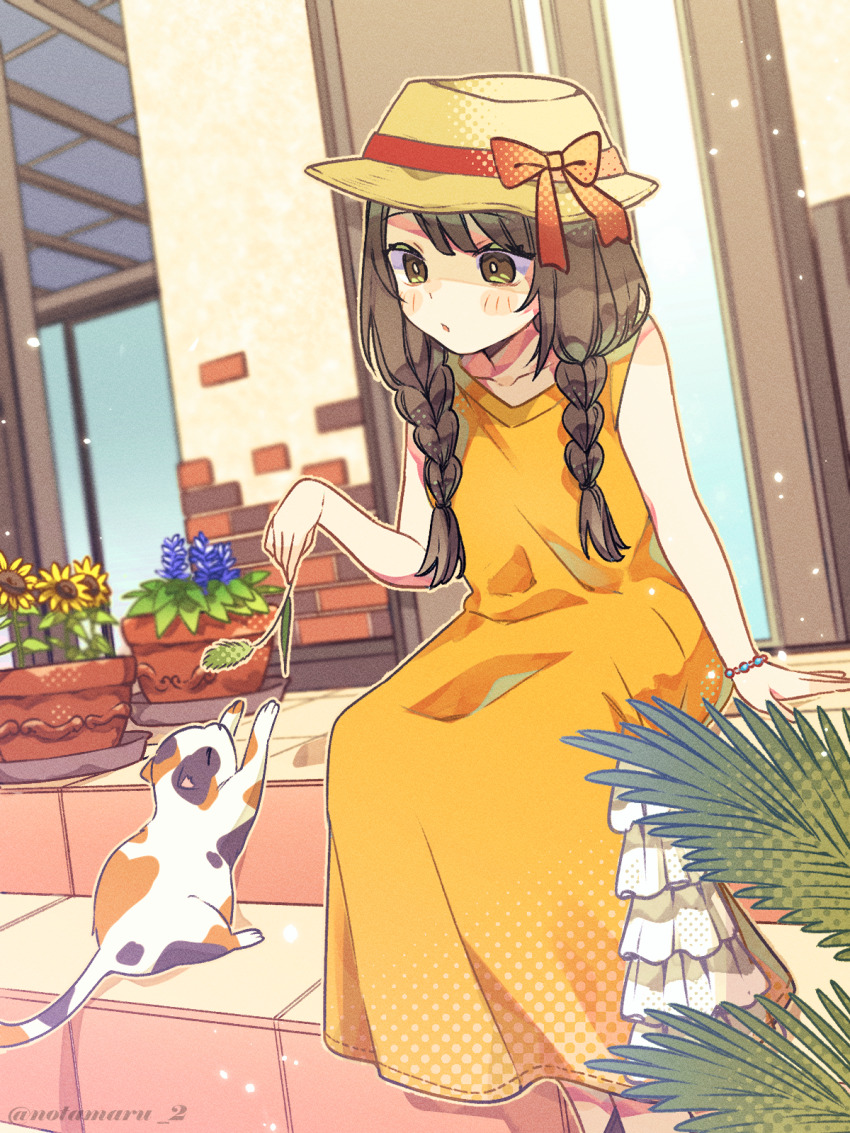 1girl blush bracelet braid brown_eyes brown_hair calico_cat cattail commentary_request day dress entrance feet_out_of_frame hat hat_ribbon highres holding jewelry long_hair notamaru_2 orange_dress original outdoors parted_lips plant red_ribbon ribbon side_braids sitting sleeveless sleeveless_dress solo summer twin_braids twitter_username yellow_hat