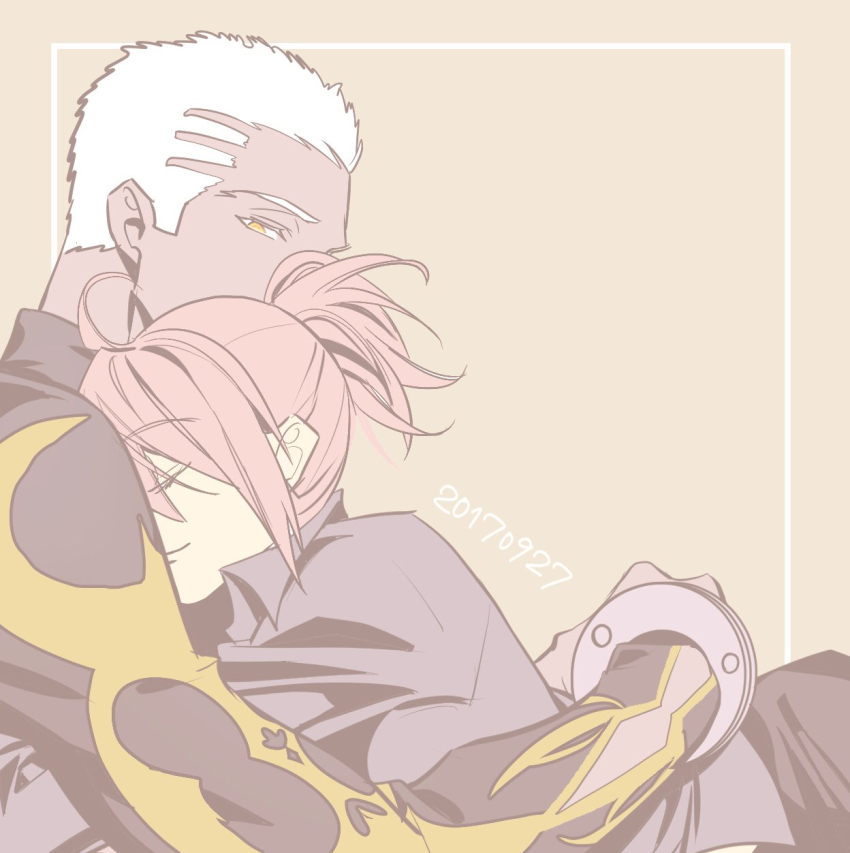 1boy 1girl black_shirt closed_eyes commentary_request cuffs dark-skinned_male dark_skin dated emiya_alter fate/grand_order fate_(series) fujimaru_ritsuka_(female) highres hug orange_hair shackles shinkaifuyuki shirt smile white_hair yellow_eyes