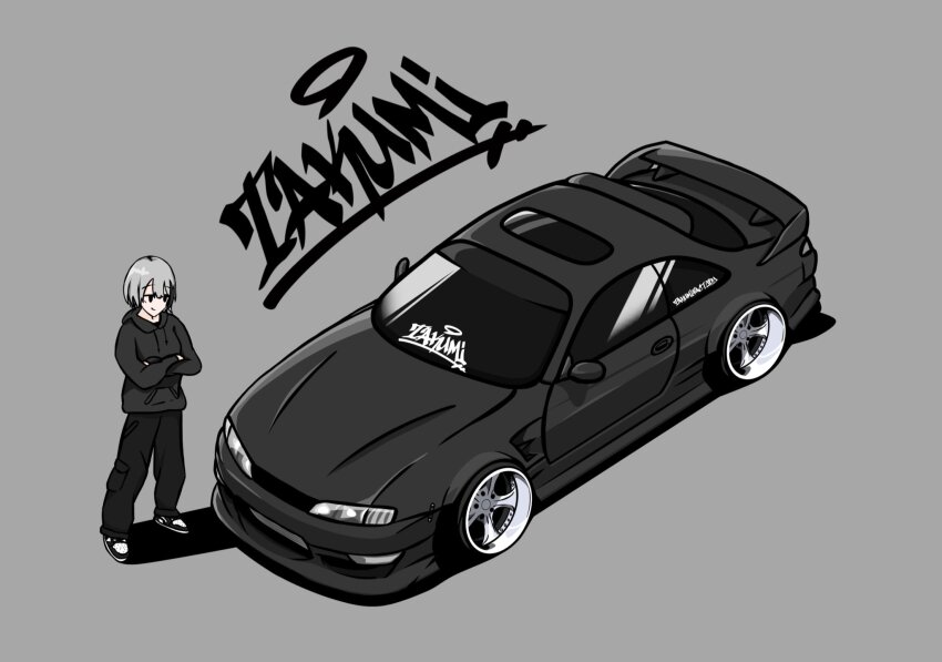 1boy artist_name black_car black_hoodie black_pants black_shoes car cargo_pants commentary crossed_arms from_above grey_background grey_hair highres hood hood_down hoodie male_focus motor_vehicle nissan nissan_silvia nissan_silvia_s14 original pants shoes short_hair simple_background smile sneakers solo spoiler_(automobile) sports_car stance_(vehicle) symbol-only_commentary takumi_japans14 vehicle_focus