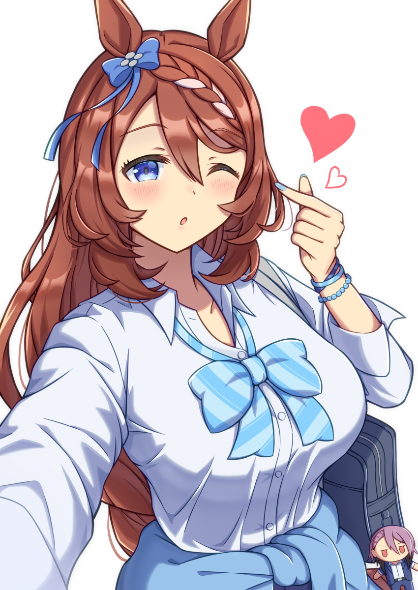 ;o absurdres animal_ears bag blue_bow blue_bowtie blue_cardigan blue_eyes bow bowtie breasts brown_hair cardigan cardigan_around_waist character_doll clothes_around_waist collared_shirt doll heart highres horse_ears horse_girl large_breasts long_hair looking_at_viewer multicolored_hair nase_fumino official_alternate_costume one_eye_closed school_bag selfie shirt simple_background streaked_hair super_creek_(umamusume) umamusume umamusume:_cinderella_gray very_long_hair white_background white_shirt yuru_010