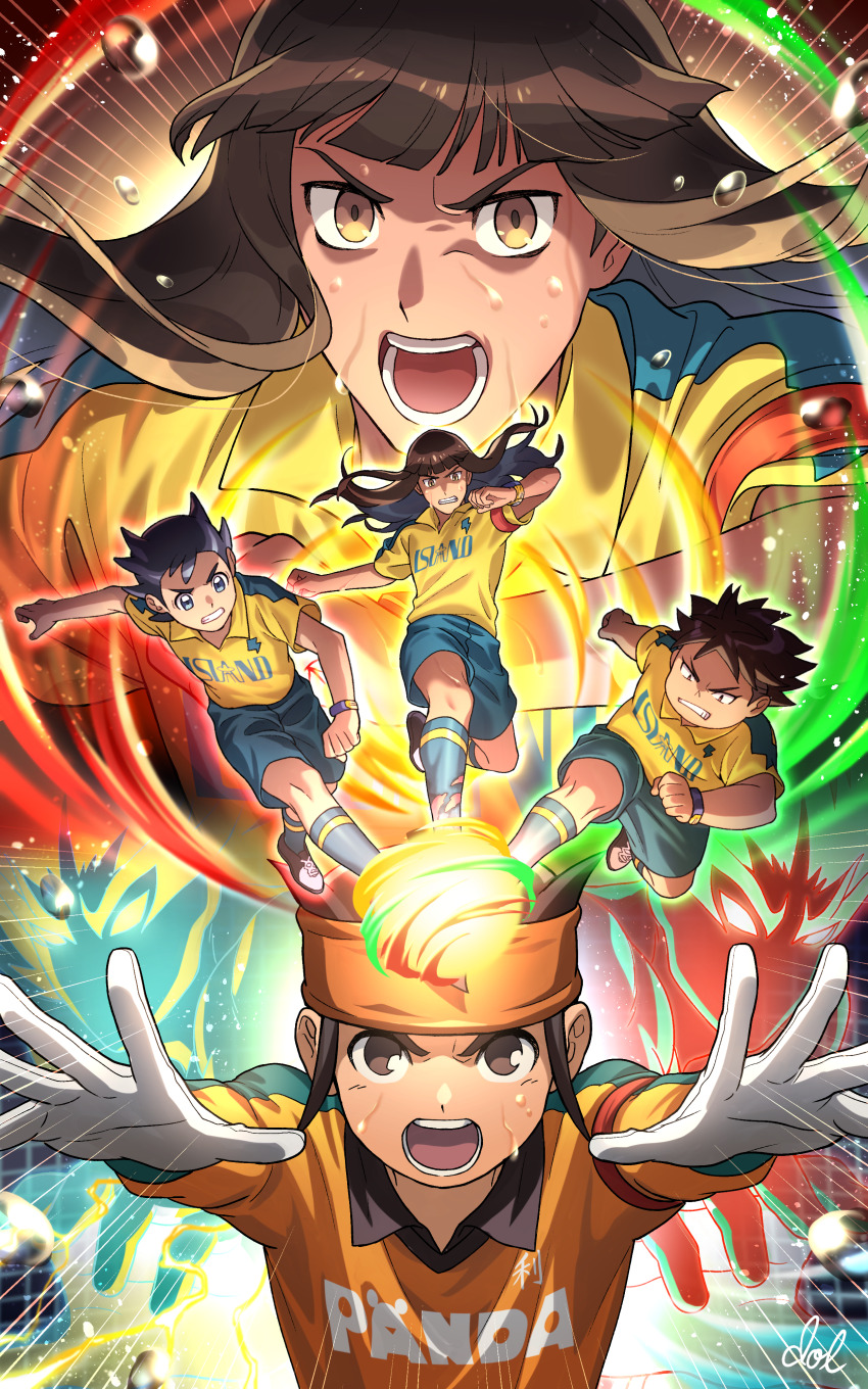 4boys absurdres armband black_hair blue_shorts blue_socks brown_eyes brown_hair dolustoy endou_mamoru gloves goalkeeper headband highres inamori_asuto inazuma_eleven_(series) inazuma_eleven_ares_no_tenbin kneehighs kozoumaru_sasuke long_hair looking_at_viewer male_focus michinari_tatsumi multiple_boys open_mouth orange_headband orange_shirt raimon raimon_soccer_uniform red_armband shirt shorts soccer_uniform socks sportswear sweat water_drop wristband yellow_shirt