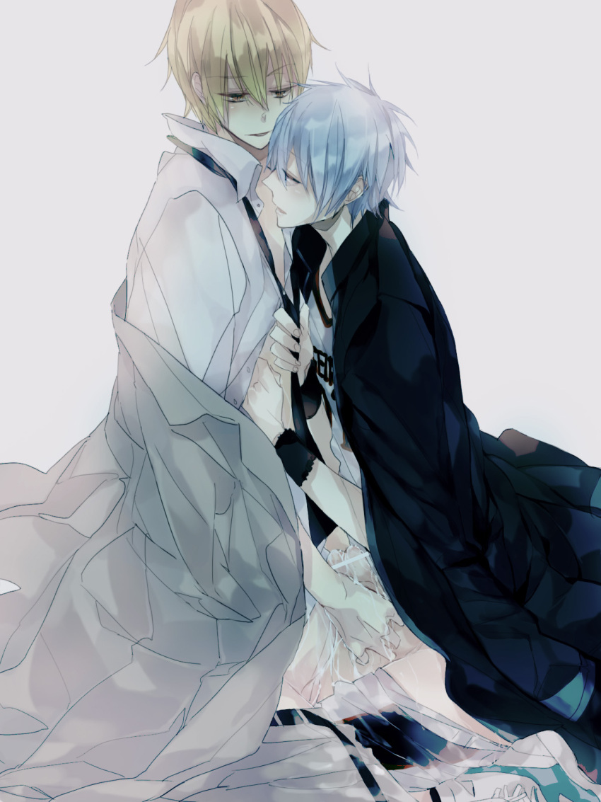 2boys bambino bare_legs barefoot basketball_uniform black_coat black_necktie blonde_hair blue_hair chin_rest coat coat_on_shoulders coat_partially_removed collared_shirt cum full_body green_coat grey_background hair_between_eyes handjob head_on_head head_rest highres kise_ryouta kneeling kuroko_no_basuke kuroko_tetsuya looking_at_another male-female_symbol messy_hair multiple_boys necktie on_bed parted_lips partially_undressed penis sex shirt shoes short_hair simple_background sneakers sportswear unworn_shoes white_shirt white_shoes wristband yaoi yellow_eyes