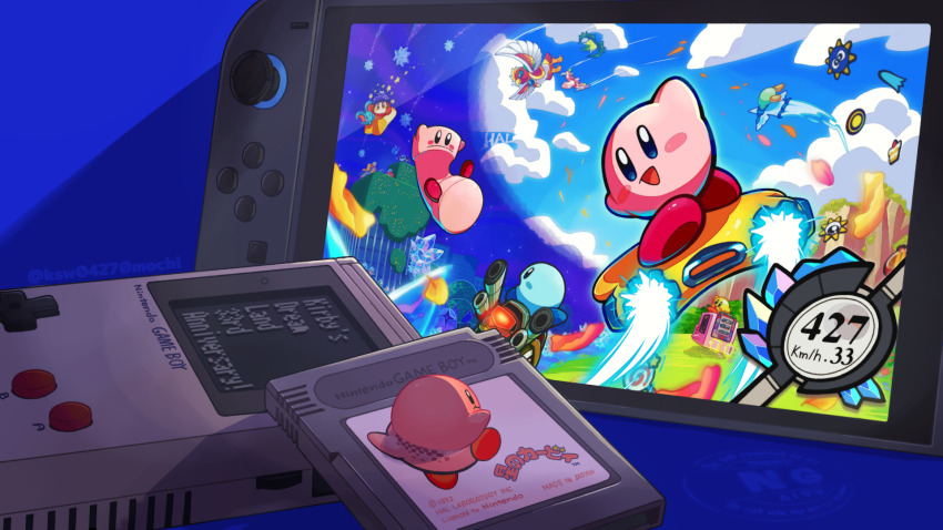 anniversary awoofy blue_background blush_stickers colored_skin crystal dragoon_(kirby) dyna_blade elfilin game_boy game_cartridge gordo handheld_game_console highres hydra_(kirby) invincible_candy kashiwa_(ksw04270mochi) king_dedede kirby kirby&#039;s_dream_land kirby_(series) kirby_air_ride kirby_air_riders kirby_and_the_forgotten_land meta_knight mouthful_mode multiple_persona nintendo nintendo_switch_2 notched_ear pink_skin star-crossed_world starry_(kirby) waddle_dee warp_star watermark wheelie_(kirby)