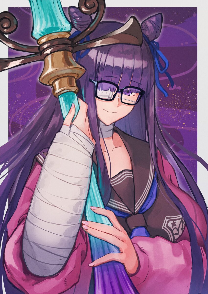 1girl artist_request bandages blush breasts eyewear_strap fate/grand_order fate_(series) glasses highres jacket large_breasts long_hair looking_at_viewer murasaki_shikibu_(fate) murasaki_shikibu_(swimsuit_rider)_(fate) murasaki_shikibu_(swimsuit_rider)_(second_ascension)_(fate) pink_jacket purple_eyes purple_hair smile v v_over_eye