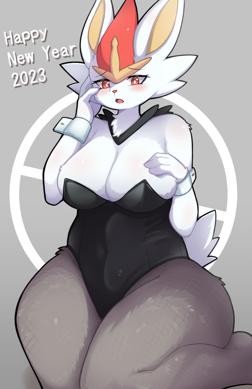 1girl 2020s 2023 animal_ears bad_tag blush breasts cinderace clothes colored curvy ears ears_up eyelashes eyes_open female female_focus fur furry furry_female game_freak gen_8_pokemon generation_8_pokemon grey_background half-closed_eyes highres neck nintendo no_bra no_dialogue no_humans open_mouth orange_eyes partially_nude partially_undressed personification pokeball_logo pokemon pokemon_(creature) rabbit rabbit_ears rabbit_girl rabbit_tail revealing_clothes revealing_clothing shano_541 shiny_clothes shiny_legs shiny_legwear shiny_skin short_tail shy simple_background solo solo_focus starter_pokemon stocking tail thick_thighs thighhighs thighs video_game video_game_franchise white_fur wide_hips wristwear