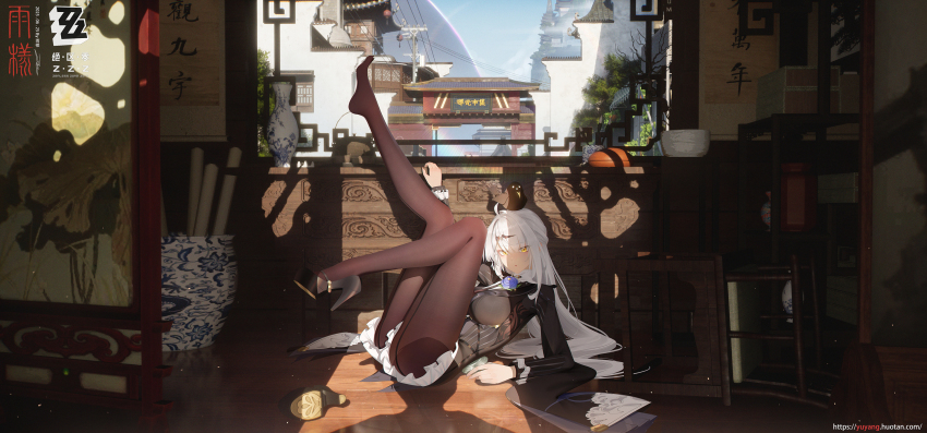 1girl ahoge architecture black_pantyhose black_shirt black_shoes breasts commentary commentary_request copyright_logo east_asian_architecture english_commentary hair_intakes hair_ornament hairclip high_heels highres large_breasts legs_up long_hair long_sleeves looking_at_viewer official_alternate_costume on_floor out_of_frame pantyhose partial_commentary rain_sama shadow shirt shoes single_shoe solo unworn_shoe white_hair yixuan_(trails_of_ink)_(zenless_zone_zero) yixuan_(zenless_zone_zero) zenless_zone_zero