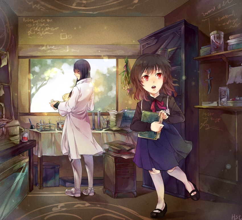 1boy 1girl ajuvyrvosjfj bad_id bad_pixiv_id beaker black_hair book boots cape character_request chemistry_set fate/prototype fate/prototype:_fragments_of_blue_and_silver fate_(series) heru_(goldprin) mary_janes paracelsus_von_hohenheim_(fate) purple_eyes red_eyes reiroukan_misaya shoes test_tube aged_down