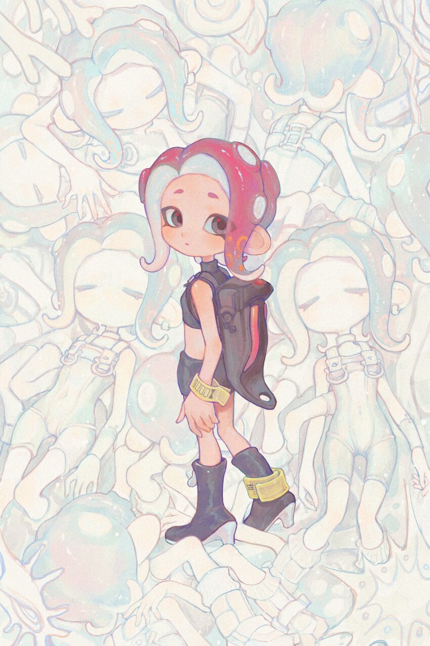 6+girls agent_8_(splatoon) anklet backpack bag black_bag black_eyes black_footwear black_skirt blue_hair bodysuit boots closed_eyes closed_mouth commentary covered_navel crop_top detached_sleeves earrings english_commentary film_grain flat_chest full_body high_heel_boots high_heels highres jewelry liang_cun_rakuna lying medium_hair miniskirt multiple_girls multiple_persona nintendo no_mouth octoling octoling_girl octoling_player_character on_back on_stomach pale_skin parted_bangs pencil_skirt pile red_hair single_detached_sleeve single_earring skirt sleeveless sleeveless_bodysuit splatoon_(series) splatoon_2 splatoon_2:_octo_expansion splatoon_3 splatoon_3:_side_order standing suction_cups tentacle_hair white_bodysuit wristband