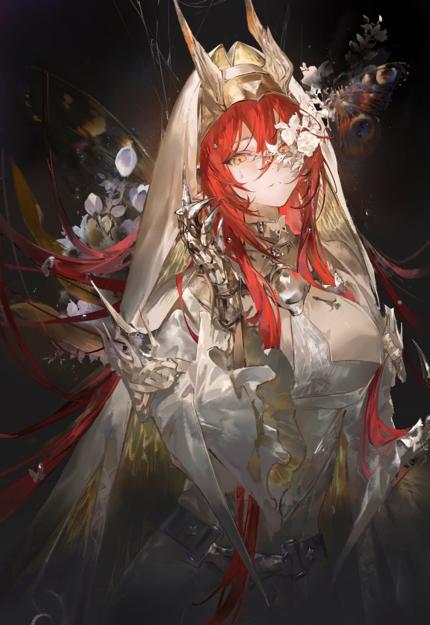 1girl absurdres arknights ascalon_(arknights) ascalon_(phototaxis)_(arknights) black_background breasts bug butterfly chiaspicy cowboy_shot dress flower gauntlets hair_between_eyes hair_spread_out hand_up highres horns insect large_breasts long_hair long_sleeves looking_at_viewer multicolored_hair official_alternate_costume orange_eyes parted_lips pointy_ears purple_hair red_hair simple_background solo teardrop_facial_mark two-tone_hair veil very_long_hair white_dress white_flower white_veil wide_sleeves