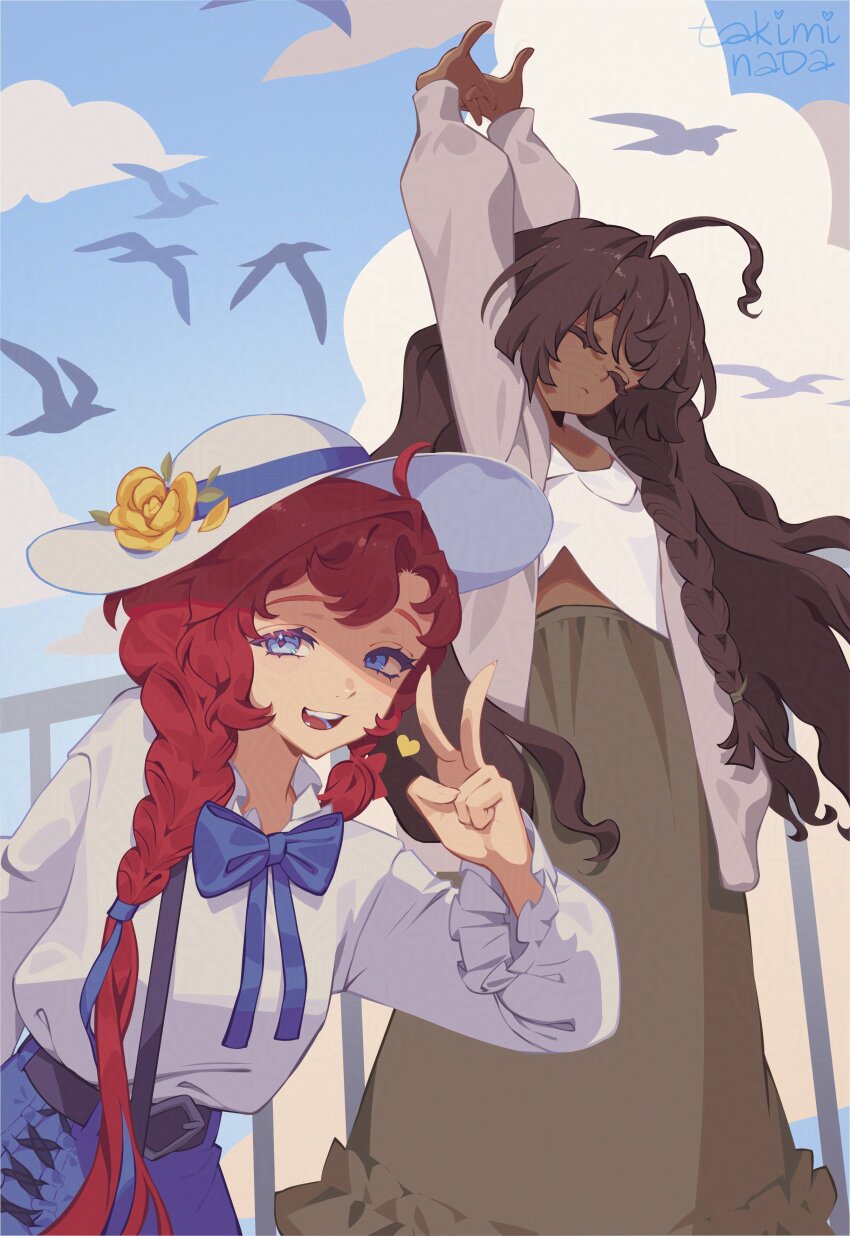 2girls :d absurdres adversarial_noise ahoge alternate_costume arms_up artist_name barcarola_(reverse:1999) bird blue_bow blue_bowtie blue_eyes blue_skirt bow bowtie brown_hair brown_skirt closed_eyes cloud cowboy_shot dark-skinned_female dark_skin day fatutu flower grey_jacket hand_up hat hat_flower head_down highres interlocked_fingers jacket long_braid long_hair long_skirt long_sleeves looking_at_viewer multiple_girls open_mouth outdoors own_hands_together railing red_hair reverse:1999 shirt skirt smile stretching sun_hat takiminada upper_body v very_long_hair white_hat white_shirt yellow_flower