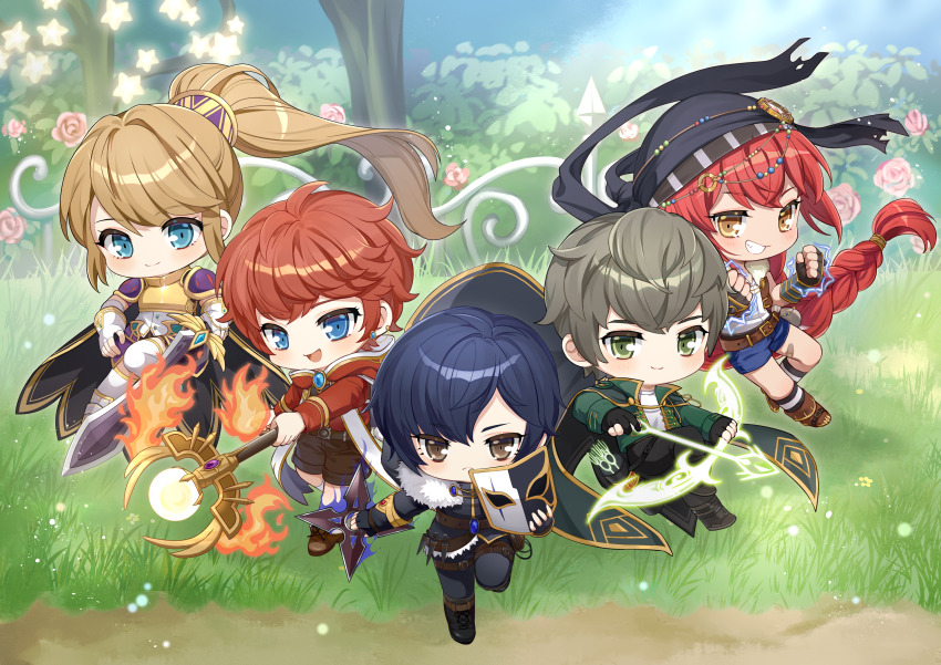 2boys 3girls :d absurdly_long_hair absurdres armor armored_boots arrow_(projectile) bandaid bandaid_on_leg bandana belt belt_buckle black_boots black_cape black_gloves black_jacket black_pants black_shorts blaze_wizard_(maplestory) blue_eyes blue_hair blue_shorts boots bow_(weapon) braid breastplate brown_belt brown_boots brown_eyes brown_hair buckle cape chibi closed_mouth dawn_warrior_(maplestory) fingerless_gloves fire fold-over_boots gloves glowing green_eyes green_jacket grin highres holding holding_bow_(weapon) holding_mask holding_staff holding_sword holding_weapon hood hood_down hooded_jacket jacket kneehighs lace-up_boots leafwow long_hair maplestory mask multiple_boys multiple_girls night_walker_(maplestory) open_mouth pants partially_fingerless_gloves pauldrons ponytail red_hair red_jacket shirt shorts shoulder_armor shuriken single_braid smile socks staff star_(symbol) striped_clothes striped_socks sword thunder_breaker_(maplestory) tree unworn_mask very_long_hair weapon white_gloves white_shirt wind_archer_(maplestory)