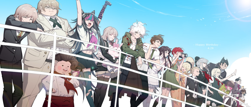 6+boys 6+girls ^_^ ahoge alternate_hairstyle angel_wings animal animal_on_hand annoyed apron arm_cutout arm_warmers arms_up asymmetrical_legwear backpack bag bandaged_hand bandaged_leg bandages beanie belt belt_buckle bird black_arm_warmers black_belt black_bow black_coat black_eyes black_hair black_hat black_jacket black_necktie black_pants black_pantyhose black_sailor_collar black_scrunchie black_shirt black_skirt black_socks black_suit black_thighhighs blazer blonde_hair blue_hair blue_skirt blue_sky blue_thighhighs blunt_bangs blush_stickers bow bracelet braid breasts brown_hair brown_jacket brown_skirt buckle buttons camera camera_around_neck chain chain_necklace chinese_commentary closed_eyes closed_mouth clothed_animal cloud coat collared_coat collared_jacket collared_shirt commentary_request cone_hair_bun crossed_arms crown_braid danganronpa_(series) danganronpa_2:_goodbye_despair danganronpa_3_(anime) dark-skinned_female dark_skin dated day denim double-breasted double_bun dress english_text everyone facial_hair fang fat fat_man feathered_wings fingernails formal_clothes glasses goatee green_dress green_eyes green_jacket green_jumpsuit green_necktie green_skirt green_vest grey_hair grey_skirt grin hair_between_eyes hair_bow hair_bun hair_ornament hair_ribbon hair_scrunchie hamster hanamura_teruteru hand_on_another&#039;s_head hand_on_hand hand_on_own_cheek hand_on_own_chin hand_on_own_face hand_on_own_hip hands_in_pockets hands_on_lap happy happy_birthday hat hat_pin head_on_arm height_difference high_collar high_ponytail highres hinata_hajime holding holding_animal holding_camera holding_rabbit hood hood_down hooded_jacket jacket japanese_clothes jeans jewelry jumpsuit kimono kneehighs knees koizumi_mahiru komaeda_nagito kuzuryu_fuyuhiko lapels large_breasts long_hair long_sleeves medium_hair messy_hair midriff_peek mini_chef_hat miniskirt mioda_ibuki mismatched_legwear mitarai_ryota multicolored_hair multiple_boys multiple_girls nanami_chiaki navel neck_ribbon neckerchief necklace necktie nidai_nekomaru notched_lapels open_clothes open_coat open_jacket open_mouth orange_kimono outdoors outstretched_arm owari_akane pants pantyhose pekoyama_peko pink_bag pink_bow pink_hair pink_neckerchief pink_ribbon pink_shirt pink_skirt pink_thighhighs pinstripe_jacket pinstripe_pants pinstripe_pattern plaid_clothes plaid_necktie pleated_skirt pocket pompadour ponytail puffy_short_sleeves puffy_sleeves purple_eyes purple_hair purple_scarf rabbit railing red_apron red_bow red_hair red_neckerchief red_necktie red_skirt ribbon sailor_collar saionji_hiyoko scarf school_uniform scrunchie serafuku sheath sheathed shirt short_dress short_hair short_sleeves sideburns simple_bird single_arm_warmer skirt skirt_set sky smile socks soda_kazuichi solid_circle_eyes sonia_nevermind streaked_hair striped_arm_warmers suit sun sun-d sweatdrop sword sword_on_back taking_picture tanaka_gundham teeth thighhighs togami_byakuya_(danganronpa_2) torn_clothes torn_thighhighs tsumiki_mikan twin_braids two-sided_fabric two-sided_jacket unagi_(nakaelric) upper_teeth_only usami_(danganronpa) very_long_hair vest waist_apron waist_bow weapon weapon_on_back white-framed_eyewear white_apron white_bird white_hair white_hat white_jacket white_ribbon white_shirt white_socks white_suit white_wings wide_sleeves winged_animal wings yukata zipper