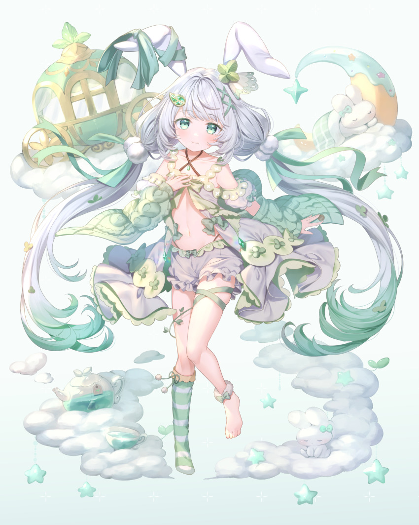 1girl absurdres blouse blush brown_panties carriage closed_mouth cloud clover_hair_ornament crescent cup detached_sleeves flat_chest frilled_shorts frills full_body fur_anklet gem gradient_background gradient_hair green_background green_eyes green_gemstone green_hair green_ribbon green_sleeves hair_ornament hand_on_own_chest heart highleg highleg_panties highres jewelry leaf_hair_ornament long_hair looking_at_viewer lushuao multicolored_hair navel necklace original panties pom_pom_(clothes) pom_pom_hair_ornament puffy_shorts rabbit rabbit_girl ribbon shirt short_shorts shorts single_bare_foot single_sock smile socks star_(symbol) stomach striped_clothes striped_socks teabag teacup teapot twintails underwear very_long_hair white_hair white_shirt x_hair_ornament