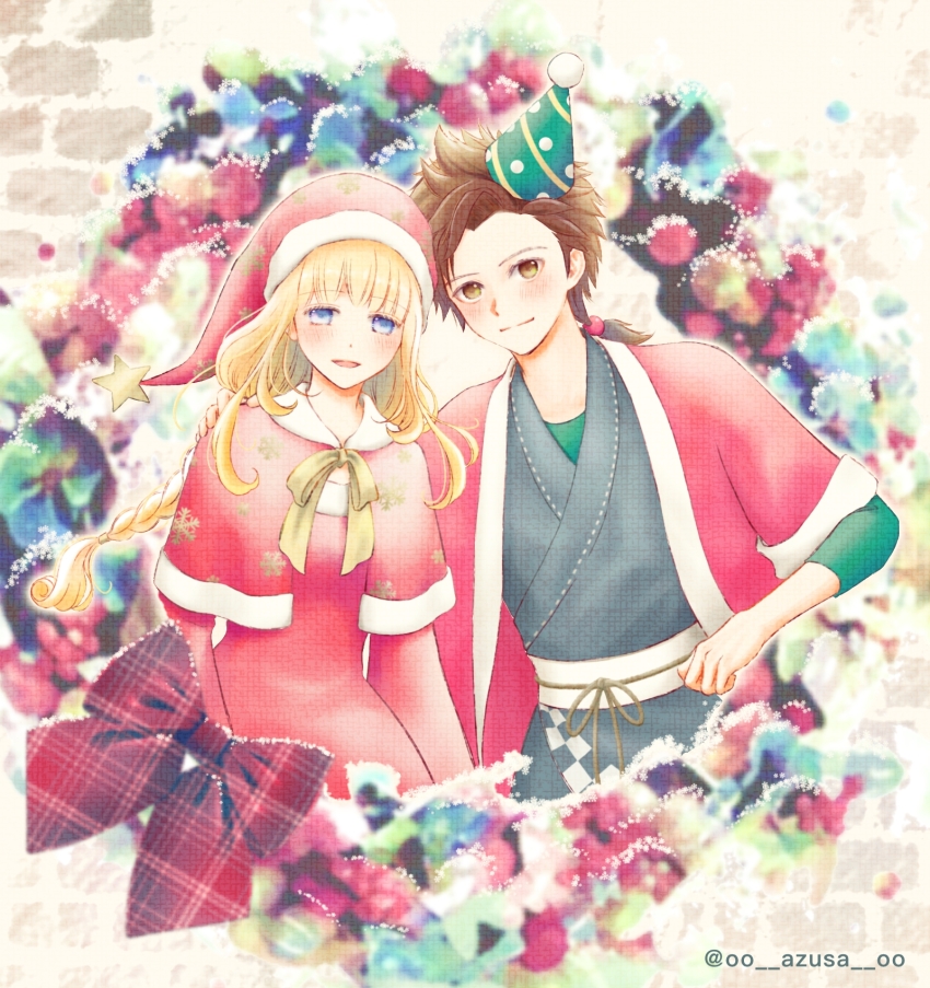 1boy 1girl :d adapted_costume arm_around_shoulder azu_rin_go blonde_hair blue_eyes blush bokujou_monogatari bokujou_monogatari:_mittsu_no_sato_no_taisetsuna_tomodachi bow bowtie braid brick_wall brown_eyes brown_hair capelet christmas christmas_ornaments closed_mouth cowboy_shot curtained_hair dress fur-trimmed_capelet fur-trimmed_jacket fur_trim green_shirt hair_bobbles hair_ornament half-closed_eyes hand_on_another&#039;s_shoulder haori hat hat_ornament heads_together highres hinata_(bokujou_monogatari) jacket japanese_clothes long_hair long_sleeves looking_at_viewer low_twin_braids nanami_(bokujou_monogatari) obi open_mouth parted_bangs party_hat plaid_bow rattail red_bow red_capelet red_dress red_haori santa_hat sash shirt shirt_under_kimono side_part sidelocks smile snowflake_print snowflakes spiked_hair star_(symbol) star_hat_ornament three-quarter_sleeves twin_braids twitter_username very_long_hair widow&#039;s_peak yellow_bow yellow_bowtie