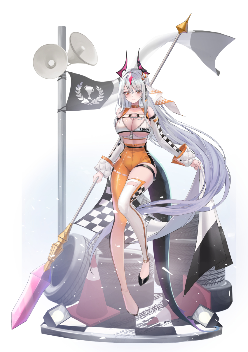 1girl absurdres asymmetrical_clothes bare_shoulders breasts caba_(caba091) checkered_flag choker cleavage closed_mouth detached_sleeves dragon_horns dragon_tail epic_seven flag framed_breasts full_body gradient_clothes highres holding holding_polearm holding_weapon horns large_breasts long_hair long_sleeves looking_at_viewer luna_(epic_seven) orange_choker orange_eyes orange_pants pants polearm race_queen simple_background single_pantsleg single_thighhigh smile solo spear tail thigh_strap thighhighs thighs underboob unzipped very_long_hair vest weapon white_background white_hair white_thighhighs white_vest zipper_pull_tab