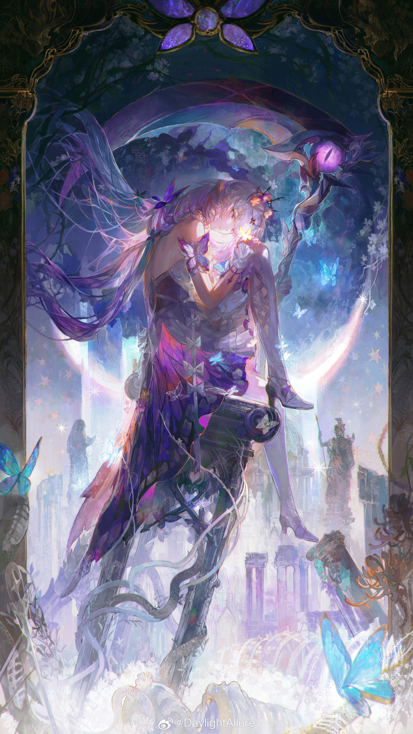 1girl absurdres backless_outfit bug butterfly castorice_(honkai:_star_rail) curled_up daylightallure dress floating_hair highres holding holding_scythe honkai:_star_rail honkai_(series) insect long_hair pantyhose pointy_ears purple_butterfly purple_dress purple_eyes purple_hair scythe solo statue watermark weibo_username weibo_watermark white_pantyhose