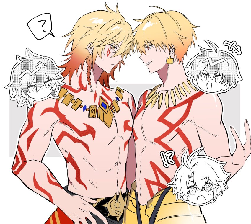 !? +++ 3boys ? ahoge antenna_hair arm_tattoo blonde_hair braid chest_tattoo chibi commentary_request earrings eye_contact faceoff facial_tattoo fate/grand_order fate_(series) gilgamesh_(fate) gold_earrings gold_necklace gradient_hair hair_between_eyes highres honkai:_star_rail honkai_(series) jewelry looking_at_another male_focus multicolored_hair multiple_boys mydei_(honkai:_star_rail) necklace ni_nt0 phainon_(honkai:_star_rail) red_hair short_hair side_braid spoken_question_mark surprised tattoo toned toned_male yellow_eyes