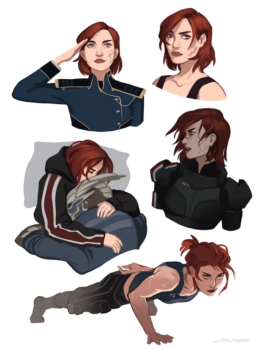 alternate_hairstyle armor commander_shepard commander_shepard_(female) exercising garrus_vakarian highres hug mass_effect_(series) misaoooart n7_armor official_alternate_costume push-ups salute scar scar_on_face tank_top tumblr turian white_background