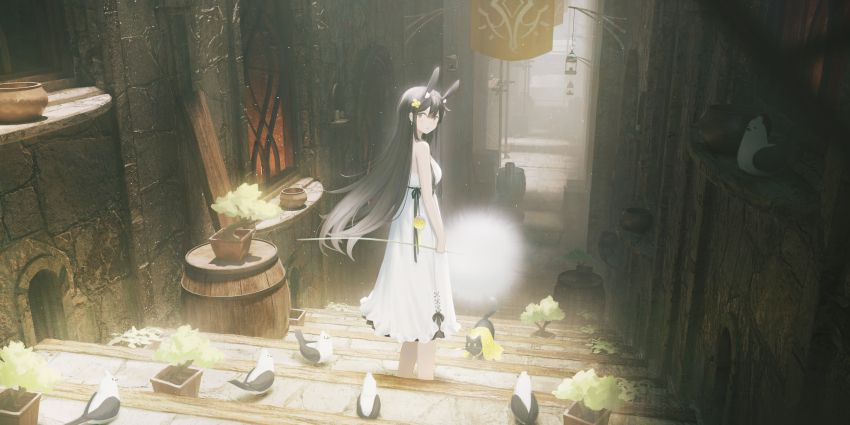 1girl absurdres animal_ears barrel bird black_hair building dress gradient_hair grey_eyes grey_hair highres holding long_hair multicolored_hair original outdoors pottery rabbit_ears rabbit_girl scenery stairs white_dress window yao_ren_gui