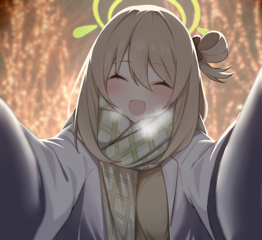 1girl absurdres black_bow blonde_hair blue_archive bow closed_eyes closed_mouth green_halo green_scarf hair_bow hair_bun halo highres long_hair mizumok1 night nonomi_(blue_archive) open_mouth outdoors outstretched_arms pov scarf single_hair_bun solo winter winter_clothes