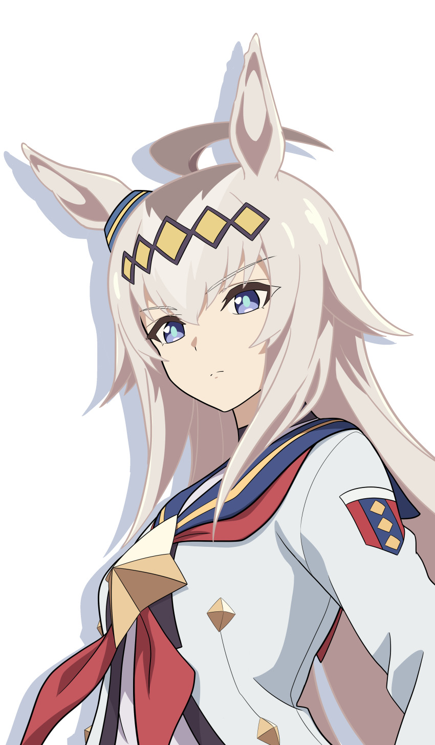 1girl absurdres ahoge animal_ears blue_eyes blue_ribbon blue_sailor_collar bow closed_eyes commentary_request drop_shadow ear_ribbon hair_ornament highres horse_ears horse_girl kiyosuke_(kiyosuke023) long_hair long_sleeves multicolored_hair neckerchief oguri_cap_(umamusume) red_neckerchief ribbon sailor_collar shirt solo star_(symbol) streaked_hair umamusume umamusume:_cinderella_gray upper_body white_background white_hair white_shirt