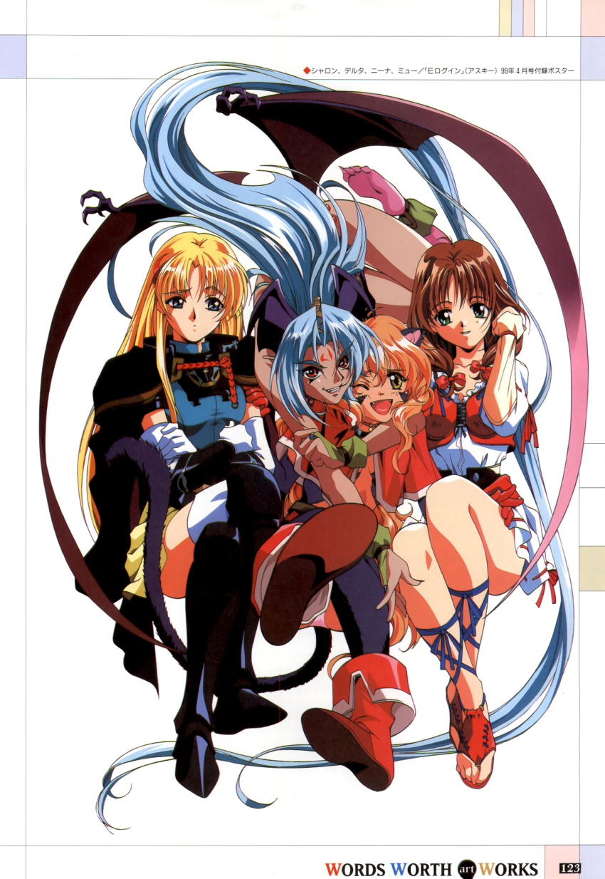 4girls ;d animal_ears ankle_boots arm_around_neck armor bat_wings blonde_hair blue_eyes blue_hair blush boots bow bridal_gauntlets brown_hair cape capelet cat_ears cat_tail choker claws clenched_hand colored_skin company_name copyright_name crescent crescent_hair_ornament cross-laced_clothes cross-laced_footwear crossed_arms crossed_legs delta_(words_worth) demon_girl dress elbow_gloves facial_mark fangs feet fingernails floating_hair forehead_mark full_body fur gloves greaves green_eyes grin hair_bow hair_ornament head_wings highres hug hug_from_behind long_fingernails long_hair looking_at_another looking_at_viewer mew_(words_worth) multiple_girls nina_(words_worth) official_art one_eye_closed open_mouth orange_hair panties pantyshot parted_bangs pauldrons pointy_ears purple_panties purple_skin raised_eyebrows red_eyes ribbon rin-sin scan sharon_(words_worth) short_dress shoulder_armor simple_background sitting skirt smile sword tail thighhighs underwear vambraces very_long_hair wavy_hair weapon white_background white_dress white_gloves white_legwear wings words_worth yellow_eyes