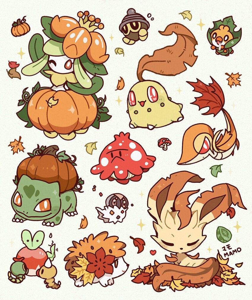 alternate_color applin artist_name autumn blush_stickers bright_pupils bulbasaur caterpie closed_eyes commentary cosplay flying_sweatdrops gen_1_pokemon gen_3_pokemon gen_4_pokemon gen_5_pokemon gen_6_pokemon gen_8_pokemon highres leaf leaf_pile leafeon leafeon_(cosplay) legendary_pokemon lilligant mamobot mid-autumn_festival mushroom mythical_pokemon nintendo no_humans one_eye_closed orange_eyes orange_theme pokemon pokemon_(creature) pumpkin red_eyes saliva seedot sewaddle shaymin shaymin_(land) shroomish snivy sparkle spewpa symbol-only_commentary weedle