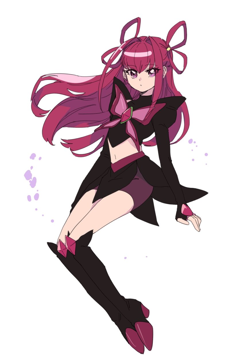1girl bike_shorts black_gloves black_shirt black_skirt boots buntatta butterfly_earrings closed_mouth dark_cure_(yes!_precure_5) dark_dream earrings fingerless_gloves gloves hair_rings highres jewelry knee_boots long_hair looking_at_viewer midriff navel precure shirt skirt white_background yes!_precure_5
