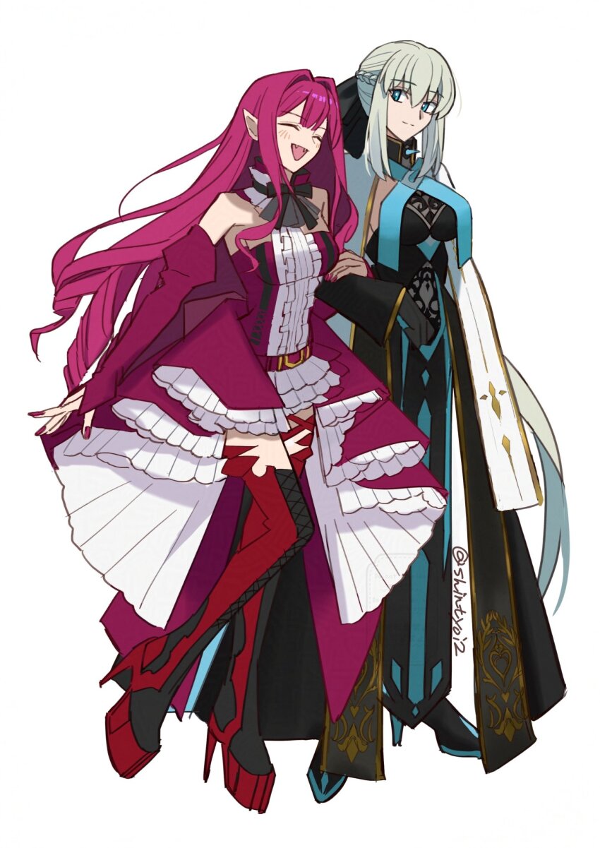 2girls baobhan_sith_(fate) baobhan_sith_(first_ascension)_(fate) boots closed_eyes commentary dress drill fangs fate/grand_order fate_(series) happy highres holding_another&#039;s_arm long_hair morgan_le_fay_(fate) mother_and_daughter multiple_girls nail_polish open_mouth pointy_ears red_hair red_nails red_skirt red_thighhighs shintyoi2 skirt smile thigh_boots thighhighs vampire white_hair