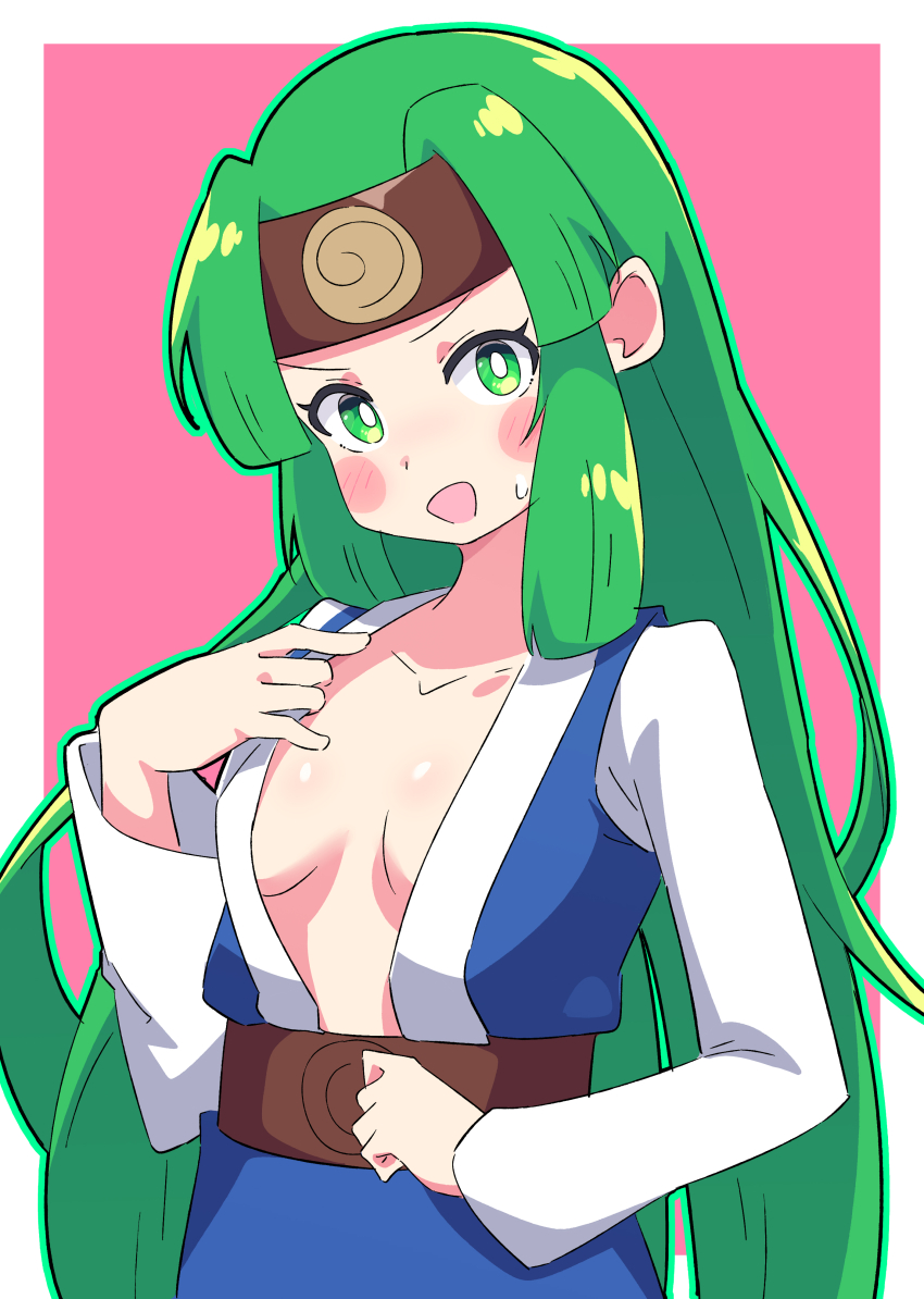 1girl absurdres belt blue_tunic blush blush_stickers breasts brown_belt brown_headwear buzzlyears capcom female_focus green_eyes green_hair hand_on_own_chest head_tilt headband highres breasts long_hair long_sleeves looking_at_viewer matching_hair/eyes mega_man_(series) mega_man_battle_network no_bra open_clothes open_mouth open_shirt pink_background sal_(mega_man) sideboob sidelocks simple_background small_breasts solo spiral sweatdrop tunic upper_body very_long_hair white_sleeves