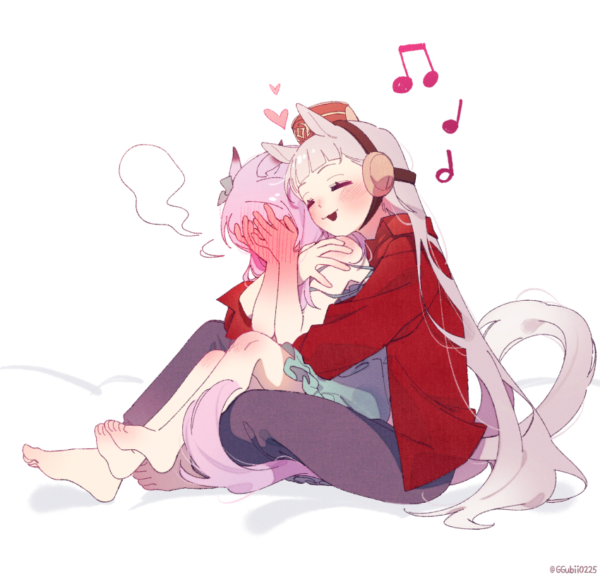 2girls animal_ears blunt_bangs blush bow ear_bow ggubii0225 gold_ship_(umamusume) grey_hair hand_blush hat heart highres horse_ears horse_girl horse_tail hug hug_from_behind long_hair mejiro_mcqueen_(umamusume) multiple_girls pillbox_hat purple_eyes purple_hair shirt smile spoken_heart tail umamusume