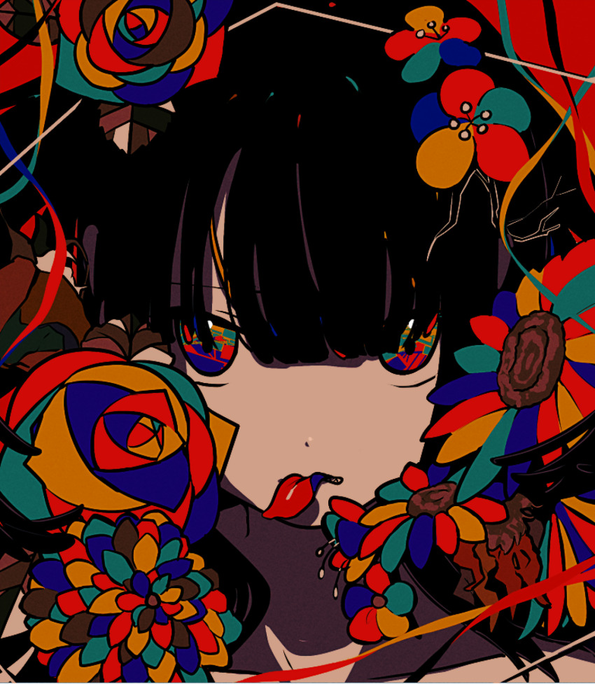 1girl black_hair colorful commentary dot_nose flower highres long_bangs long_hair looking_at_viewer machigami_yoh mouth_hold multicolored_eyes multicolored_flower multicolored_rose original petal_in_mouth petals portrait rose solo sunflower
