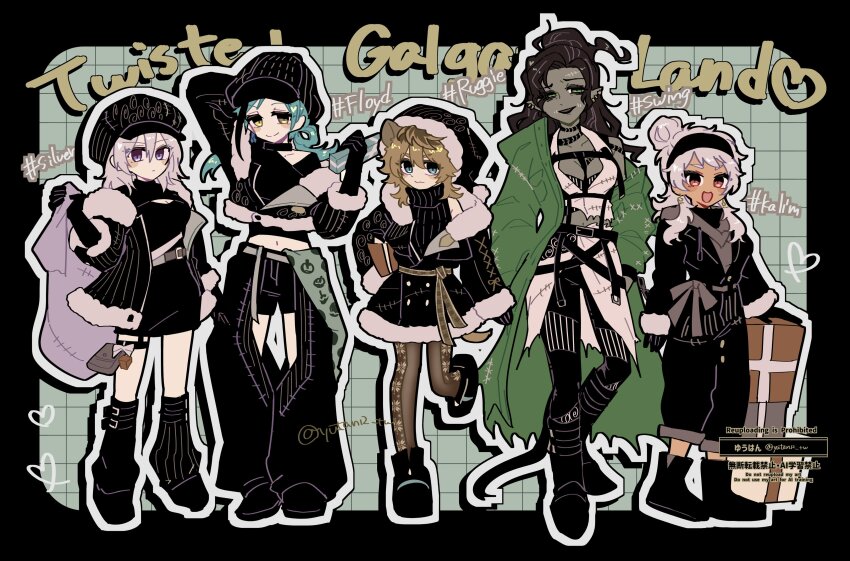 5girls :3 absurdres ankle_boots arm_at_side arm_behind_head arm_up armpit_crease asymmetrical_jacket asymmetrical_legwear bags_under_eyes belt black_border black_choker black_gloves black_hair black_hat black_headband black_jacket black_jumpsuit black_outline black_pants black_pantyhose black_shoes black_shorts black_streaks black_sweater blue_eyes blue_hair blush_stickers boots border box box_stack bra bra_peek breast_tattoo breasts brown_eyes brown_hair character_name chest_harness choker choppy_bangs cleavage cleavage_cutout closed_mouth clothing_cutout clothing_request coat cocked_eyebrow collarbone collared_shirt colored_skin commentary_request contrapposto crop_top cropped_jacket crotchless crotchless_pants curtained_hair dark-skinned_female dark_skin dot_mouth dress ear_piercing earrings expressionless eyeshadow floyd_leech floyd_leech_(nightmare_courier) full_body fur-trimmed_dress fur-trimmed_headwear fur-trimmed_jacket fur_trim furrowed_brow genderswap genderswap_(mtf) gift gift_box gloves gold_earrings green_coat green_eyes green_sash grey_background grey_belt grey_eyeshadow grey_hoodie grey_skin hair_between_eyes hair_over_shoulder half_up_bun half_updo hand_on_own_hip hand_up harness hashtag hat headband heart height_difference heterochromia high_collar highres holding holding_gift holding_sack hood hood_down hoodie hyena_ears hyena_girl hyena_tail jacket jewelry jumpsuit kalim_al-asim kalim_al-asim_(nightmare_courier) knee_boots lapels leg_warmers lineup looking_at_viewer lost_in_the_book_with_tim_burton&#039;s_the_nightmare_before_christmas low_ponytail makeup mature_eyes mature_female medium_breasts medium_hair midriff_peek mismatched_legwear multicolored_hair multiple_earrings multiple_girls navel neck_tattoo newsboy_cap off_shoulder open_clothes open_coat open_jacket open_mouth outline pale_skin pants pants_rolled_up pants_under_skirt pantyhose parted_bangs parted_lips patchwork_clothes piercing pinstripe_jacket pinstripe_pattern pointy_ears ponytail print_sash purple_eyes red_eyes ribbed_sweater ruggie_bucchi ruggie_bucchi_(nightmare_courier) sack santa_hat sash scar scar_on_face shirt shoes short_dress short_eyebrows shorts shoulder_tattoo silver_vanrouge silver_vanrouge_(nightmare_courier) single_off_shoulder skirt sleeveless sleeveless_shirt sleeveless_sweater sleeveless_turtleneck smile standing standing_on_one_leg streaked_hair sweater swing_(twisted_wonderland) tattoo thigh_peek thigh_strap torn_clothes torn_coat torn_shirt torn_skirt turtleneck twisted_wonderland twitter_username underwear v-shaped_eyebrows waist_sash watermark wavy_hair white_hair white_outline white_shirt white_skirt yellow_eyes yutan12_tw