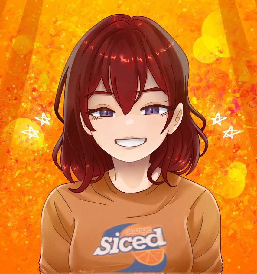1girl ari_(class_of_09) class_of_09 derkdrew124 grin highres looking_at_viewer medium_hair orange_background orange_shirt purple_eyes red_hair shirt smile star_(symbol) t-shirt teeth