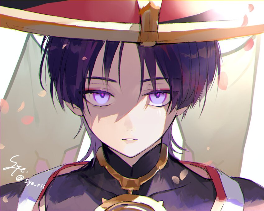 1boy black_bodysuit black_kimono blunt_ends bodysuit covered_collarbone eyeliner eyeshadow falling_petals genshin_impact glowing glowing_eyes gold hat highres japanese_clothes jewelry jingasa kimono lips looking_at_viewer loose_hair_strand makeup male_focus mandarin_collar neck_ring open_clothes open_kimono parted_lips petals pink_eyes pink_pupils purple_hair red_eyeliner red_eyeshadow red_hat red_trim scaramouche_(genshin_impact) see-through_clothes see-through_veil signature solo syerii twitter_username upper_body veil white_trim