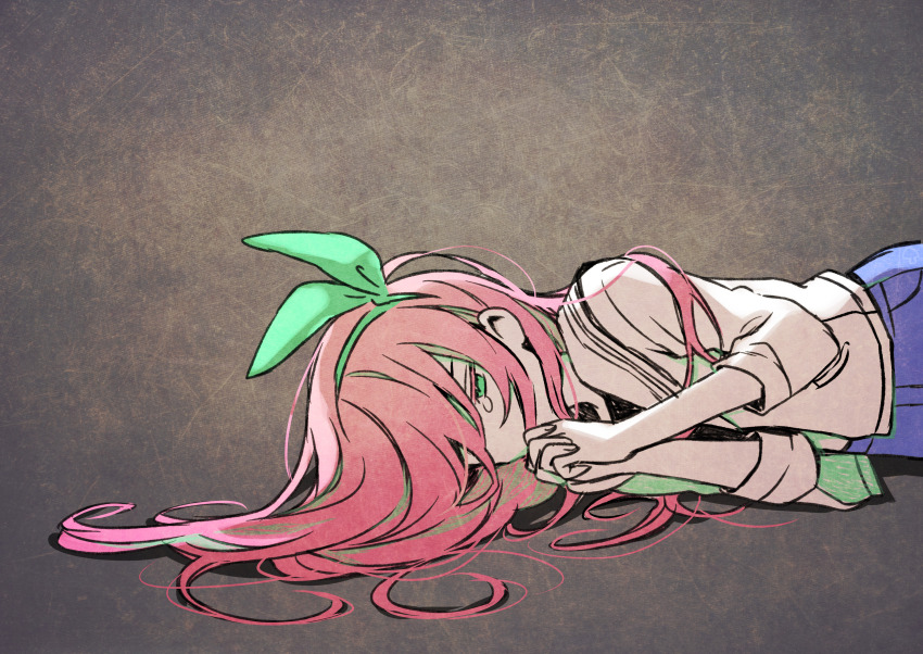 1girl absurdres aubrey_(faraway)_(omori) aubrey_(omori) blue_skirt bow_hairband colored_eyelashes colored_skin covered_mouth denim denim_skirt empty_eyes fingernails green_eyes green_hairband grey_background hair_over_one_eye hair_spread_out hairband hands_up highres interlocked_fingers jacket limited_palette long_hair lying manimarough no_pupils omori on_side one_eye_covered open_clothes open_jacket own_hands_clasped own_hands_together pink_hair simple_background skirt solo tearing_up three-quarter_sleeves upper_body white_jacket white_skin