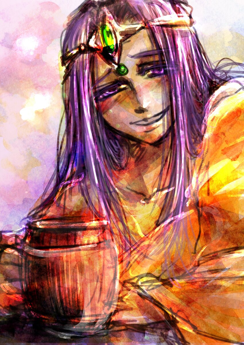 1girl alcohol alternate_eye_color asymmetrical_dress barrel barrel_mug blush circlet cup dragon_quest dragon_quest_iv dress drink forehead_jewel furrowed_brow gem green_gemstone grin half-closed_eyes hayato_sgs highres holding holding_cup holding_drink long_hair long_sleeves looking_at_viewer minea_(dq4) mug orange_dress parted_lips purple_eyes purple_hair single_bare_shoulder single_sleeve sketch smile solo