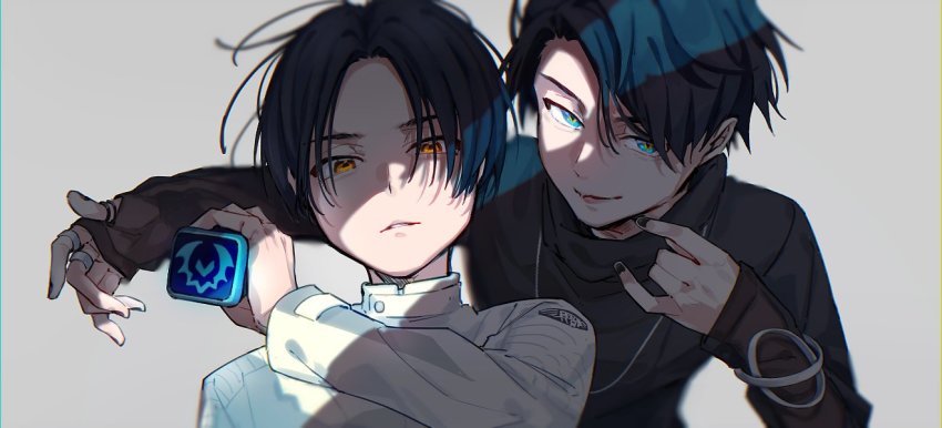 2boys aam09212 adk-em angel_and_devil aqua_eyes bandai bandai_namco bat_(animal) bat_genome bishounen black_hair black_nails black_shirt commentary fenix_uniform goth_fashion igarashi_daiji ishimori_prod jewelry kagerou_(kamen_rider_revice) kamen_rider kamen_rider_revice male_focus military military_uniform multiple_boys multiple_rings nail_polish necklace ring see-through_clothes see-through_sleeves shaded_face shadow shirt stamp_mark symbol-only_commentary toei_company tokusatsu tv_asahi upper_body vistamp yellow_eyes