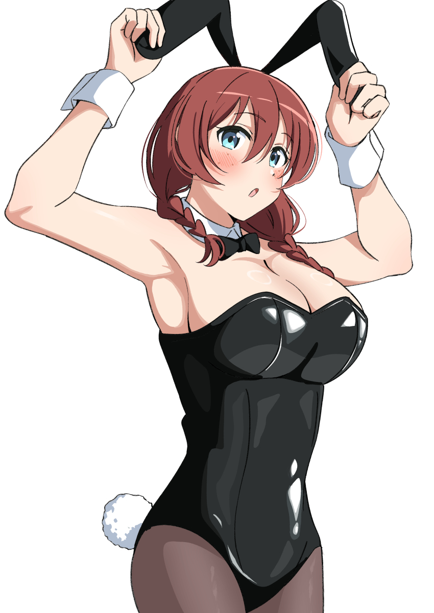 1girl :o absurdres alternate_costume animal_ears black_bow black_bowtie black_leotard black_pantyhose blue_eyes blush bow bowtie breasts brown_hair cleavage commentary cowboy_shot detached_collar emma_verde fake_animal_ears fake_tail freckles hair_between_eyes hair_over_shoulder highres large_breasts leotard long_hair looking_at_viewer love_live! love_live!_nijigasaki_high_school_idol_club pantyhose rabbit_ears rabbit_tail simple_background solo strapless strapless_leotard tail traditional_bowtie uchuu_no_mozuku white_background white_wrist_cuffs wrist_cuffs