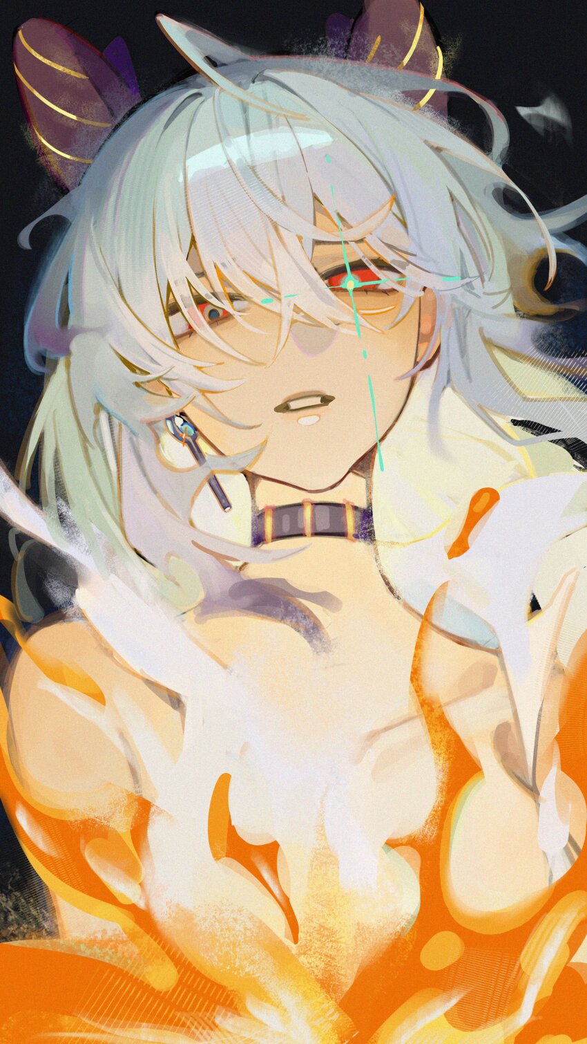 1girl absurdres black_choker black_horns breasts choker collarbone commentary convenient_censoring curled_horns earrings fire glowing_pupils grey_hair hair_between_eyes highres horns jewelry key_earrings large_breasts long_hair looking_at_viewer may.l mismatched_pupils nude parted_lips red_eyes solo upper_body wuthering_waves zani_(wuthering_waves)