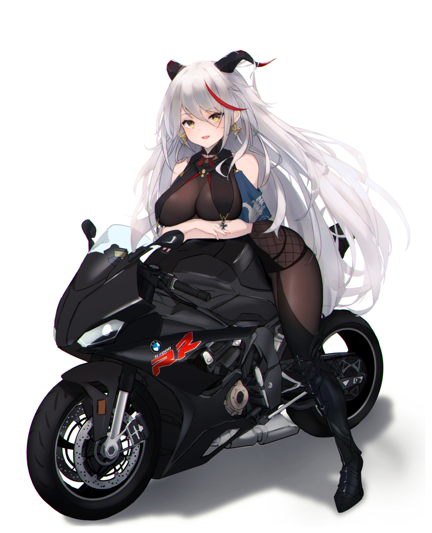 1girl aegir_(azur_lane) armored_boots azur_lane bare_shoulders black_footwear bmw bodystocking boots breast_curtains breasts cleavage cross cross_earrings demon_horns earrings full_body highres horns impossible_clothes iron_cross jewelry knee_boots large_breasts long_hair looking_at_viewer motor_vehicle motorcycle multicolored_hair red_hair ru_yan simple_background single_knee_boot skin_tight skindentation streaked_hair two-tone_hair very_long_hair white_hair yellow_eyes