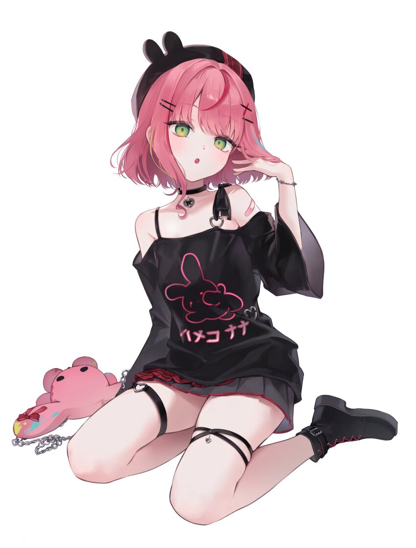 1girl :o absurdres adjusting_hair alternate_costume animal_bag animal_ear_headwear armpit_crease bandaid bandaid_on_shoulder bare_shoulders bbony_0_0 beret black_boots black_bow black_choker black_hat black_shirt boots bow bracelet chain character_name choker clothes_writing collarbone commentary fake_animal_ears fingernails full_body green_eyes grey_skirt hair_intakes hair_ornament hairclip half-skirt hanako_nana hand_in_own_hair hand_on_ground hand_up hat head_tilt heart heart_o-ring heart_pendant highres jewelry lace-up_boots light_blush long_sleeves looking_at_viewer miniskirt multicolored_hair nail_polish o-ring o-ring_thigh_strap off-shoulder_shirt off_shoulder official_alternate_hair_length official_alternate_hairstyle open_mouth overskirt pendant_choker peto_(hanako_nana) pink_hair pink_nails plaid_clothes plaid_skirt pleated_skirt print_shirt rabbit_bag raised_eyebrows red_hair shirt short_hair sidelocks silver_bracelet simple_background sitting skindentation skirt solo spaghetti_strap stellive streaked_hair stuffed_animal stuffed_rabbit stuffed_toy symbol-only_commentary thigh_strap turning_head virtual_youtuber white_background wide_sleeves x_hair_ornament yokozuwari