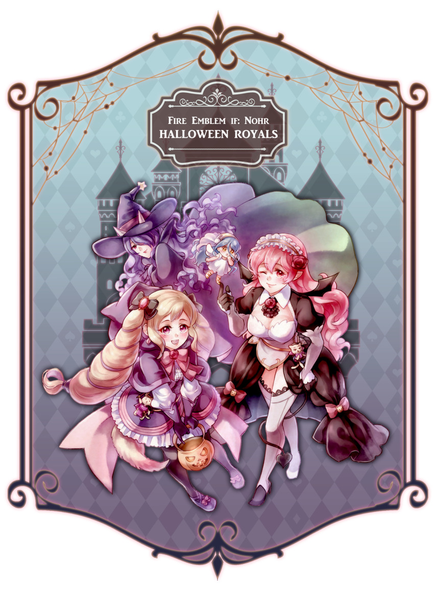 alternate_costume azura_(fire_emblem) black_bow blonde_hair blue_hair bow camilla_(fire_emblem) copyright_name female_corrin_(fire_emblem) drill_hair elise_(fire_emblem) fire_emblem fire_emblem_fates hair_bow hair_over_one_eye halloween halloween_costume highres jack-o&#039;-lantern liefe nintendo purple_eyes purple_hair twin_drills twintails wavy_hair