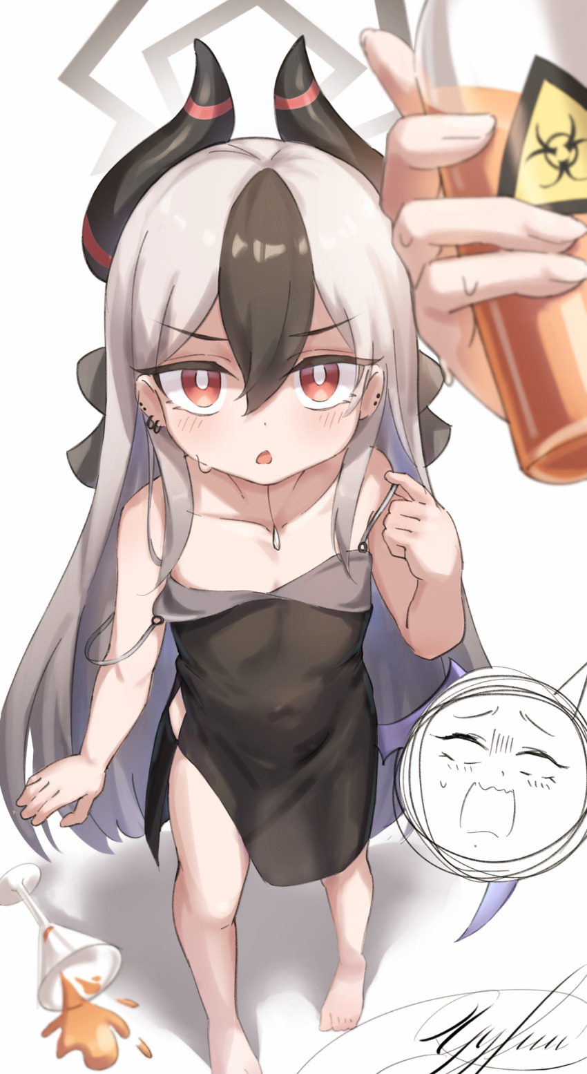 2girls absurdres aged_down aru_(blue_archive) blue_archive covered_navel cup drinking_glass flat_chest highres horns kayoko_(blue_archive) loli multiple_girls pov pov_hands stomach wine_glass yyfuu