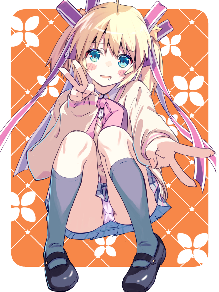 1girl :d ahoge akayama_yukihe black_shoes blonde_hair blue_eyes blush_stickers border bow bowtie commentary double_v drooling foreshortening full_body grey_skirt grey_socks gyaru_v hair_between_eyes hair_ornament hair_ribbon hand_up highres kamikita_komari kneehighs knees_together_feet_apart knees_up little_busters! little_busters!_school_uniform long_ribbon looking_at_viewer mary_janes medium_hair miniskirt mouth_drool open_mouth orange_background outside_border outstretched_arm panties pink_bow pink_bowtie plaid_clothes plaid_skirt pleated_skirt red_ribbon ribbon school_uniform shoes sidelighting simple_background sitting skirt sleeves_past_wrists smile socks solo star_(symbol) star_hair_ornament sweater tareme two_side_up underwear v white_border white_panties yellow_sweater