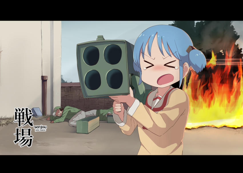 &gt;_&lt; 1boy 1girl absurdres baseball_cap blue_hair blush brown_hair commando_(movie) commentary_request cube_hair_ornament fire fuka_(kantoku) full_body green_headwear green_shirt grey_pants hair_ornament hat highres holding holding_weapon letterboxed m202_flash multiple-barrel_gun multishot_rocket_launcher naganohara_mio nichijou open_mouth pants parody partial_commentary rocket_launcher school_uniform serafuku shaded_face shirt short_hair short_twintails tearing_up tokisadame_school_uniform twintails upper_body weapon