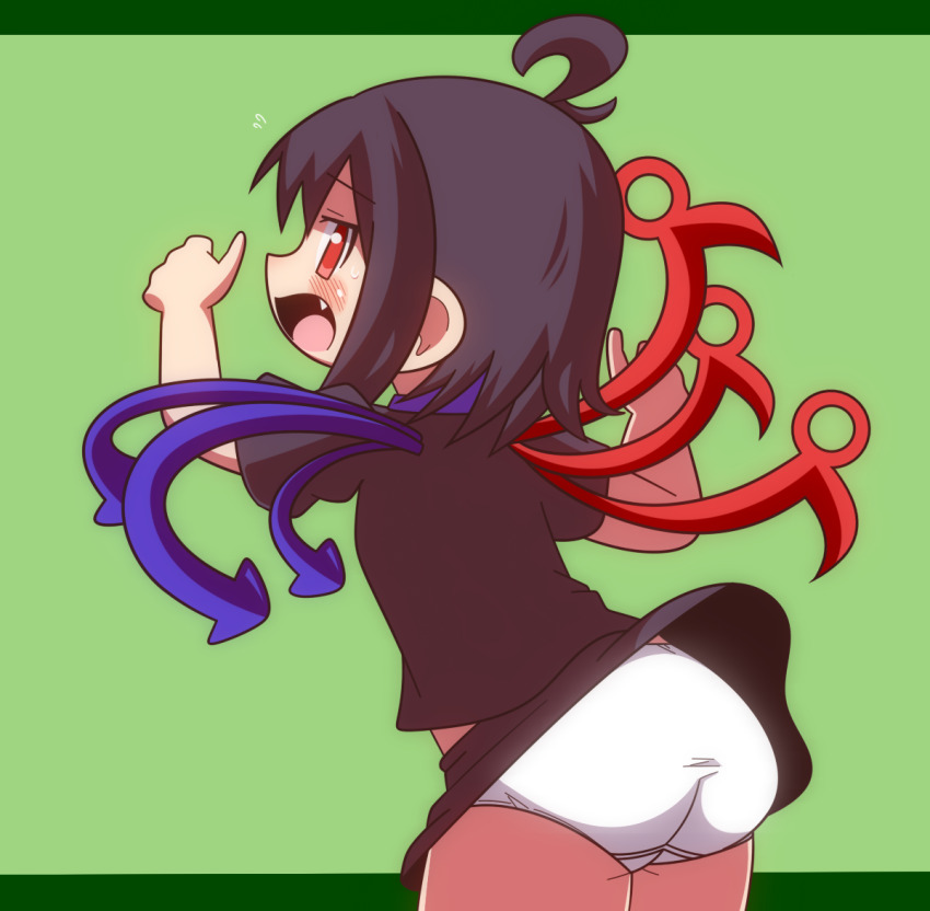 1girl ahoge ass asymmetrical_wings black_hair black_shirt black_skirt blush chikama_(hyzyo) embarrassed fang flying_sweatdrops from_behind green_background houjuu_nue leaning_forward loli looking_at_viewer looking_back open_mouth panties puffy_sleeves red_eyes shirt short_hair short_sleeves skirt standing sweat touhou underwear white_panties wind wind_lift wings